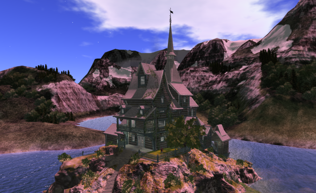 A multi-level house with a spire, perched on a rock, against a background of mountains and clouds